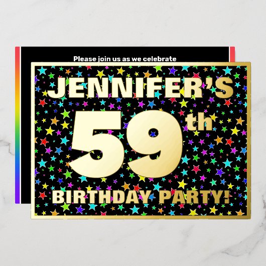 59歳の誕生日パーティー - 面白くてカラフルな星柄 箔招待状 (正面/裏面)