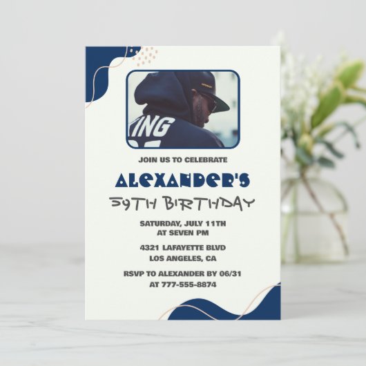 59歳の誕生日招待状メンズ海軍シンプル写真 招待状 (スタンド正面)