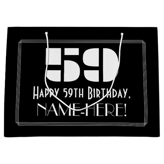 59歳の誕生日~アールデコ調デザインの"59"+名前 ラージペーパーバッグ (正面)