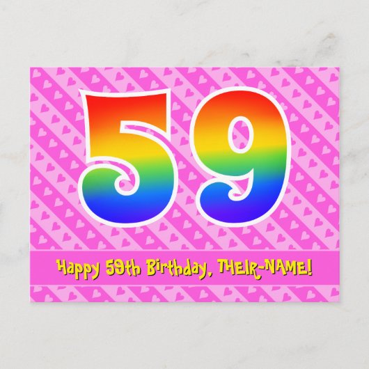 59歳の誕生日：ピンクの縞模様とハート、虹色の59 ポストカード (正面)