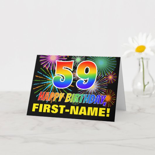 59歳の誕生日: 大胆で楽しい、打ち上げ花火、虹色の59 カード (小さな植物)