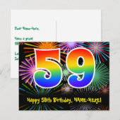 59歳の誕生日 – 楽しい花火模様 + レインボー 59 ポストカード (正面/裏面)