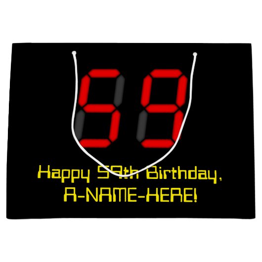 59歳の誕生日:赤い電卓風デザインの「59」+名前 ラージペーパーバッグ (正面)