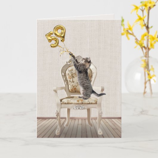 59誕生日風船とタビー猫 カード (黄色い花)
