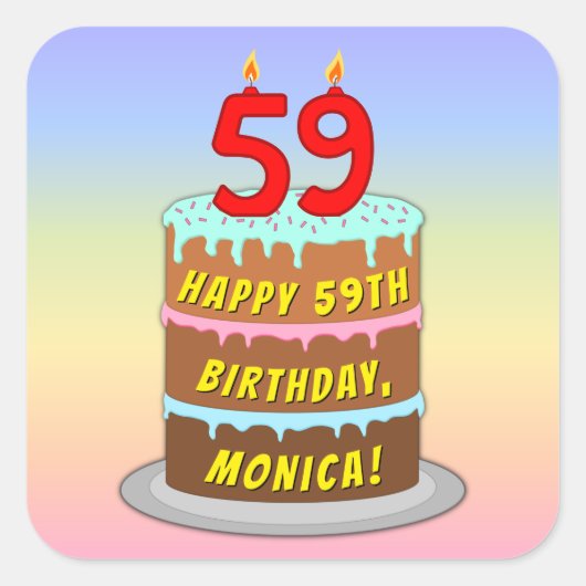 59誕生日:おもしろいケーキとキャンドル+名前をカスタムする スクエアシール (正面)