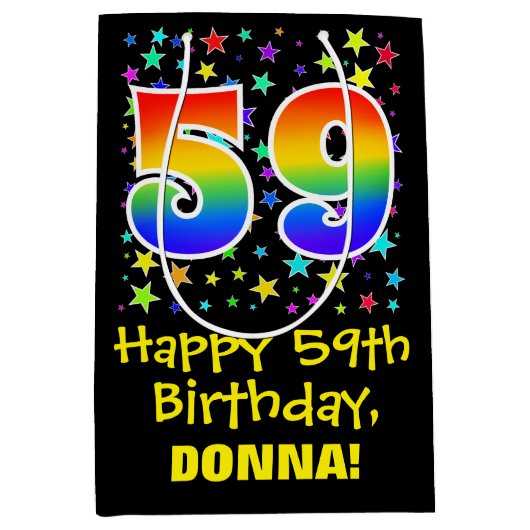 59誕生日:カラフルスターズパターン&レインボー59 ミディアムペーパーバッグ (正面)