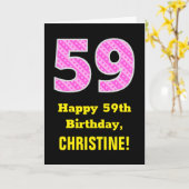 59誕生日:ピンクストライプのハートと59" +名前 カード (黄色い花)