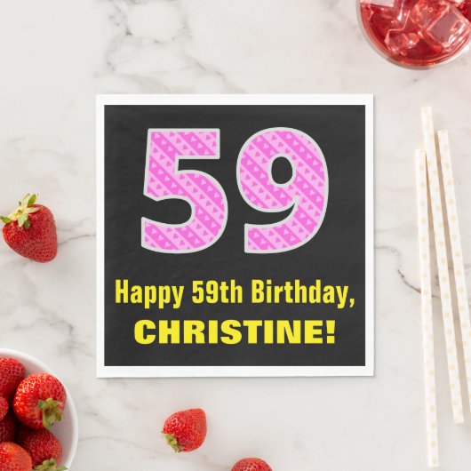 59誕生日:ピンクストライプのハートと59" +名前 スタンダードランチョンナプキン (インサイチュ)