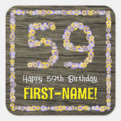 59誕生日:フローラ番号フェイク、木目、名前 スクエアシール (正面)