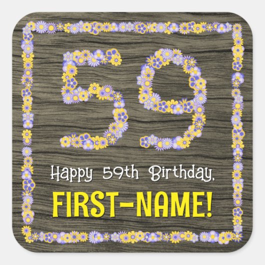 59誕生日:フローラ番号フェイク、木目、名前 スクエアシール (正面)