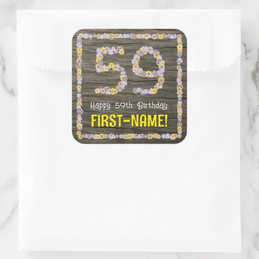 59誕生日:フローラ番号フェイク、木目、名前 スクエアシール (バッグ)