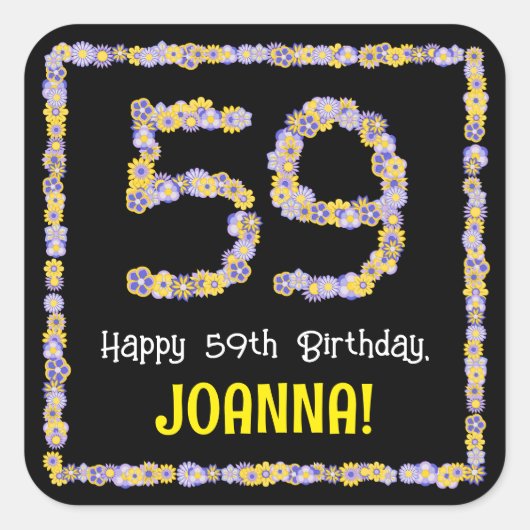 59誕生日:フローラ花数名前をカスタムする スクエアシール (正面)