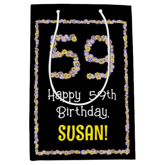 59誕生日:フローラ花数名前をカスタムする ミディアムペーパーバッグ (正面)