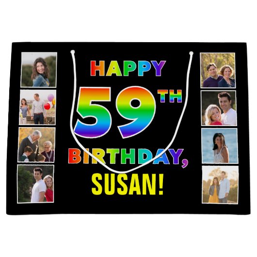 59誕生日：レインボー文字、カスタム写真&名前 ラージペーパーバッグ (正面)
