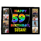 59誕生日:レインボー文字、カスタム写真&名前 ラージペーパーバッグ (裏面)