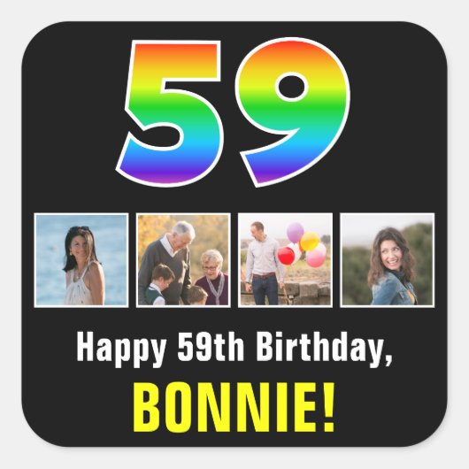 59誕生日:レインボー「59」、写真カスタムと名前 スクエアシール (正面)