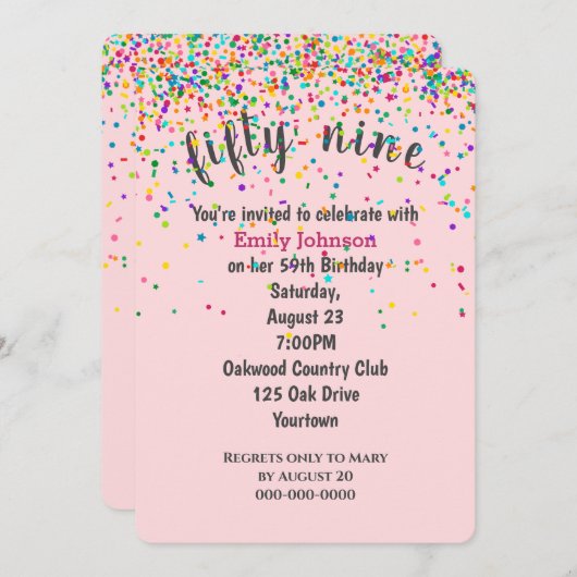 59th Birthday Party紙吹雪オンピンク 招待状 (正面/裏面)