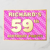59th Birthday Party —おもしろいピンクのハートとストライプ 箔招待状 (正面)