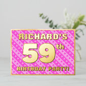 59th Birthday Party —おもしろいピンクのハートとストライプ 箔招待状 (立ち正面)