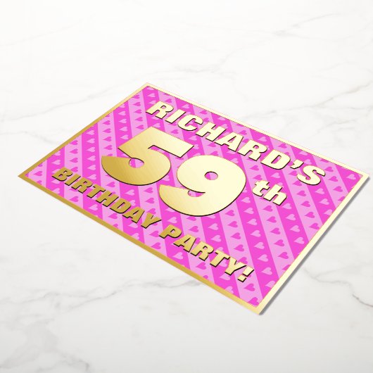 59th Birthday Party —おもしろいピンクのハートとストライプ 箔招待状 (回転した状態)