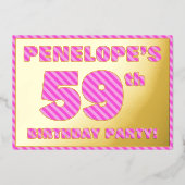 59th Birthday Party — はっきりした、おもしろい、ピンクストライプ色59 箔招待状 (正面)
