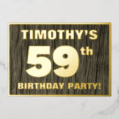59th Birthday Party:, はっきりした Wood Grain Pattern 箔招待状 (正面)