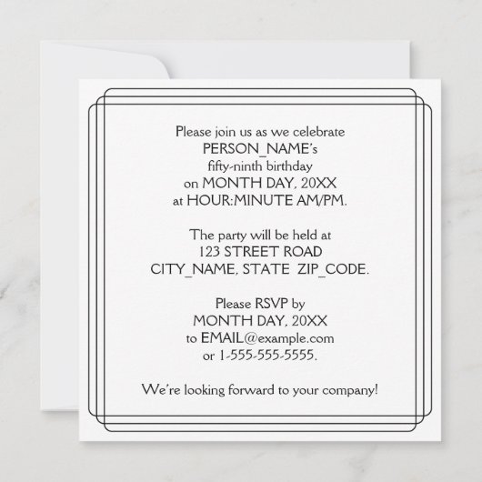 59th Birthday Party:アールデコスタイル(名前をカスタムする付) 招待状 (裏面)