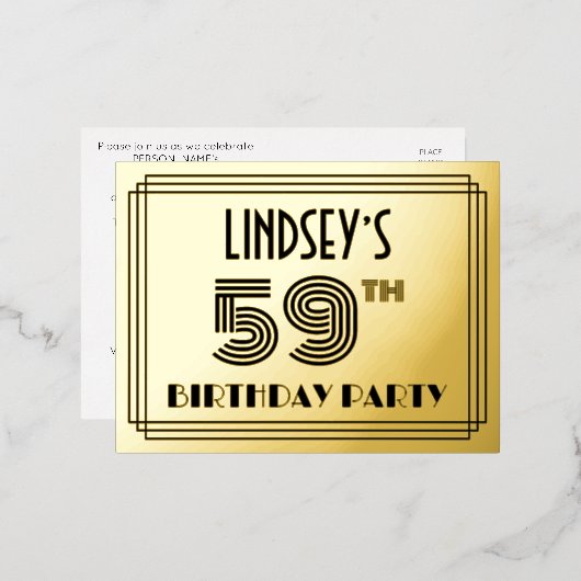 59th Birthday Party ~ Art Deco Style “59” + Name 箔招待状ポストカード (正面/裏面)