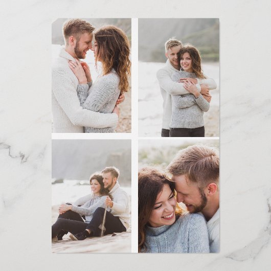 5 エレガントモダン写真結婚式の日付金ゴールドを保存 箔招待状 (裏面)