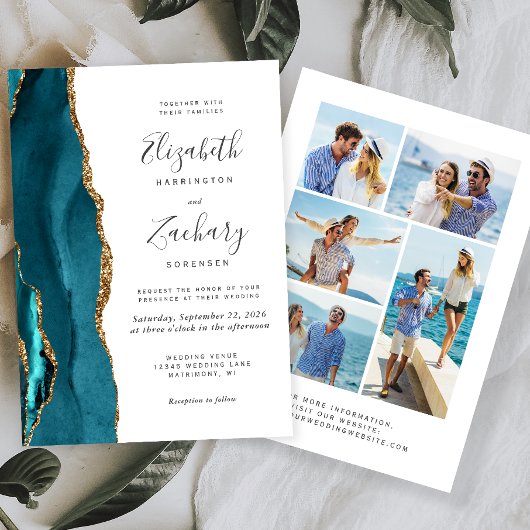 5 – フォトティール（緑がかった色）ブルー金ゴールドアゲート結婚ト 招待状