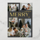 5 モダンメリーフォトコラージュ灰色のクリスマス金ゴールド 箔シーズンカード (正面)