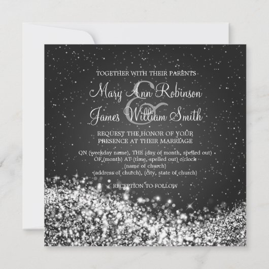 5.25インチエレガントなウェディングきらめくウェーブブラック 招待状 (裏面)