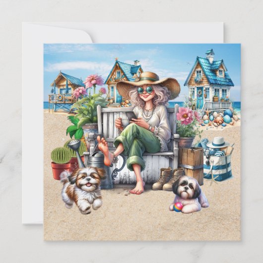 5.25シニアかわいらしビーチレディ ノートカード (正面)