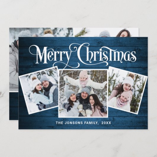 5 PHOTOクリスマスブルー素朴ウッドの挨拶 シーズンカード (正面/裏面)