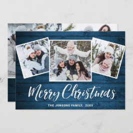 5 PHOTOクリスマスブルー素朴ウッドの挨拶 シーズンカード
