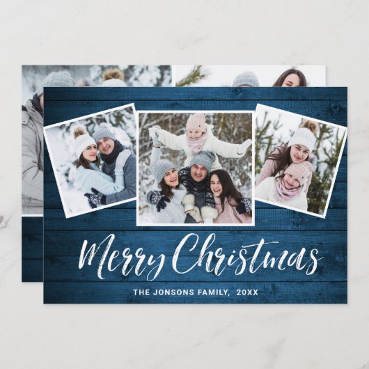 5 PHOTOクリスマスブルー素朴ウッドの挨拶 シーズンカード (正面/裏面)