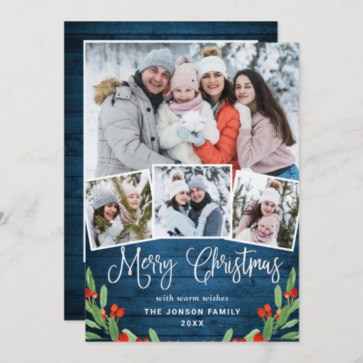 5 PHOTOクリスマスブルー素朴ウッドの挨拶 シーズンカード (正面/裏面)