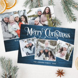 5 PHOTOクリスマスブルー素朴ウッドの挨拶 シーズンカード