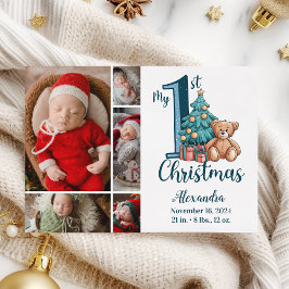 5 Photo Blue Teddy Baby 1st Christmas シーズンカード