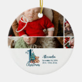 5 Photo Blue Teddy Baby 1st Christmas セラミックオーナメント (正面)