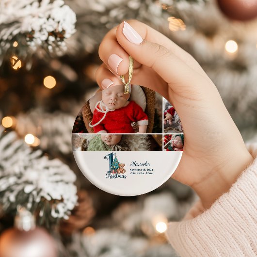 5 Photo Blue Teddy Baby 1st Christmas セラミックオーナメント