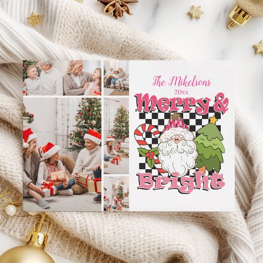 5 Photo Checkered Merry & Bright Christmas シーズンカード