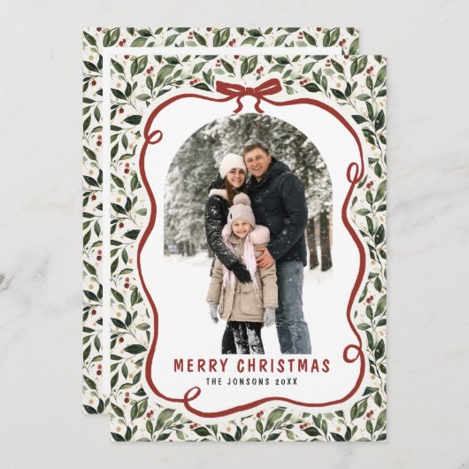 5 Photo Retro Christmas Hand Drawn Red Bow Ribbon シーズンカード (正面/裏面)