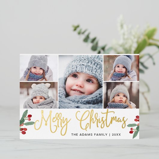 5 PHOTO Sparkleメリークリスマスグリーティング金ゴールド 箔シーズンカード (立ち正面)