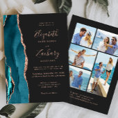 5-Photo Teal Blue Rose Gold Agate Dark Wedding 招待状