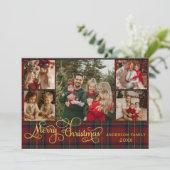 5 photos Merry Christmas elegant script red plaid シーズンカード (スタンド正面)