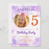5 Purple Gold Star Bubbles 5th Birthday Invitation 招待状 (正面)