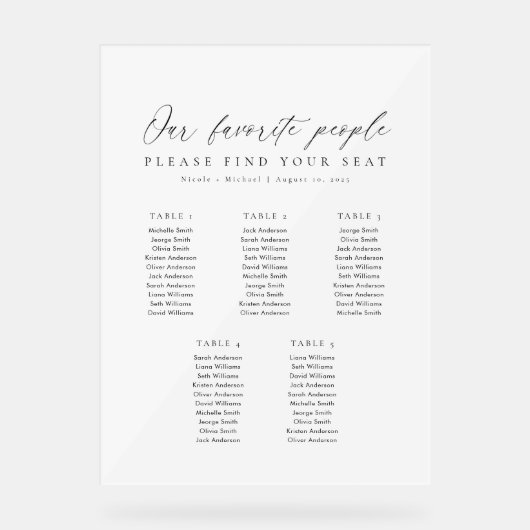 5 Tables Favorite People Acrylic Seating Chart アクリルサイン (正面)