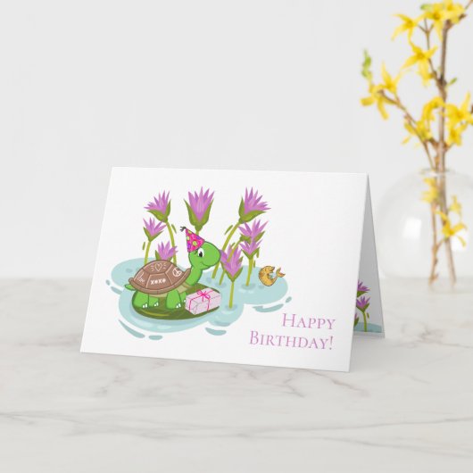5"x7" Turtle(パーティー帽子とギフト誕生日カード付き) カード (黄色い花)