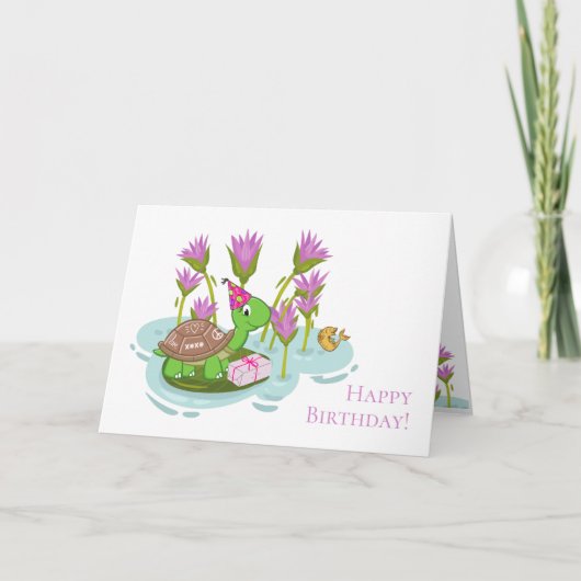 5"x7" Turtle(パーティー帽子とギフト誕生日カード付き) カード (正面)